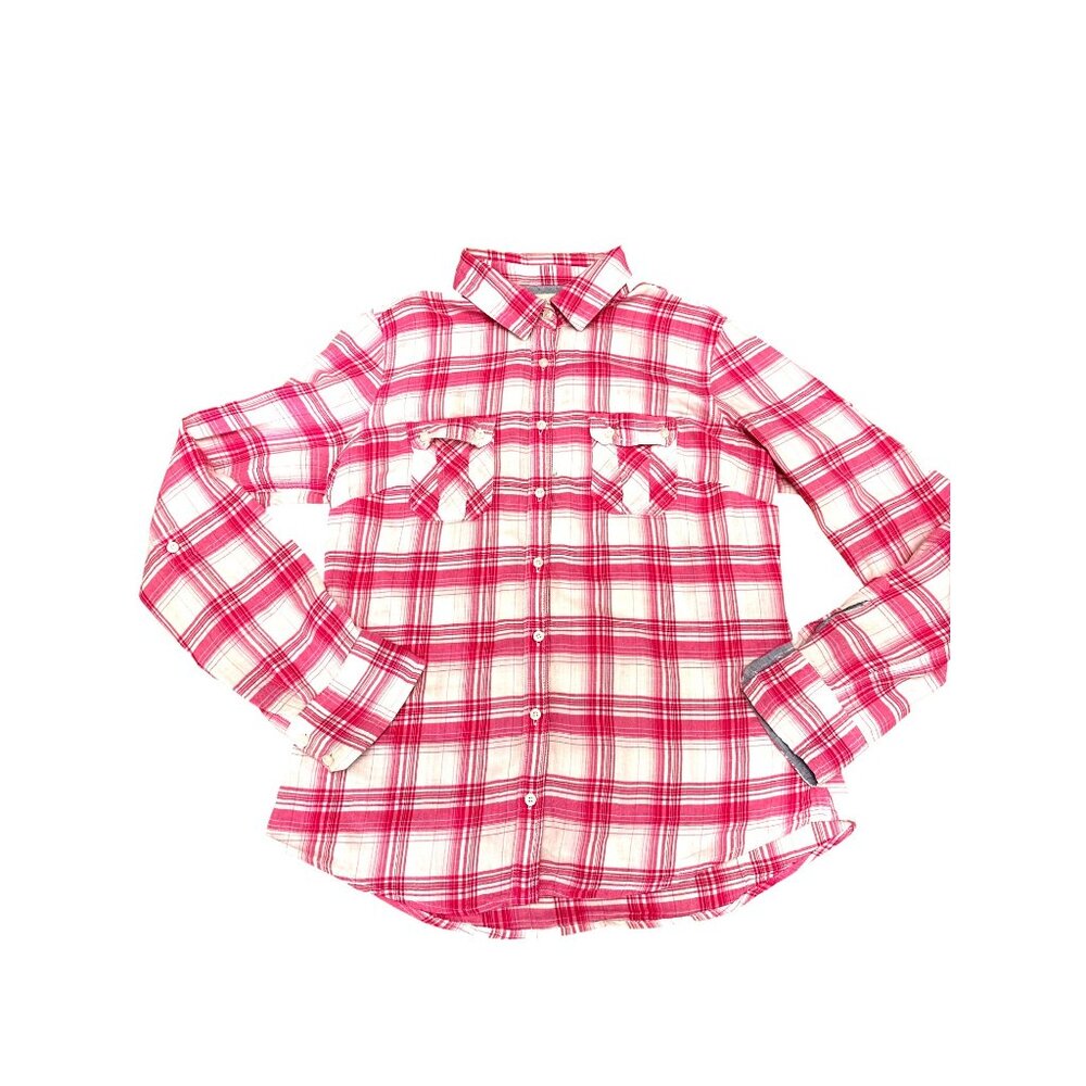 Aeropostale Large Pink White Plaid Button Up Long Sleeve Shirt All Cotton Trendy - Picture 10 of 10